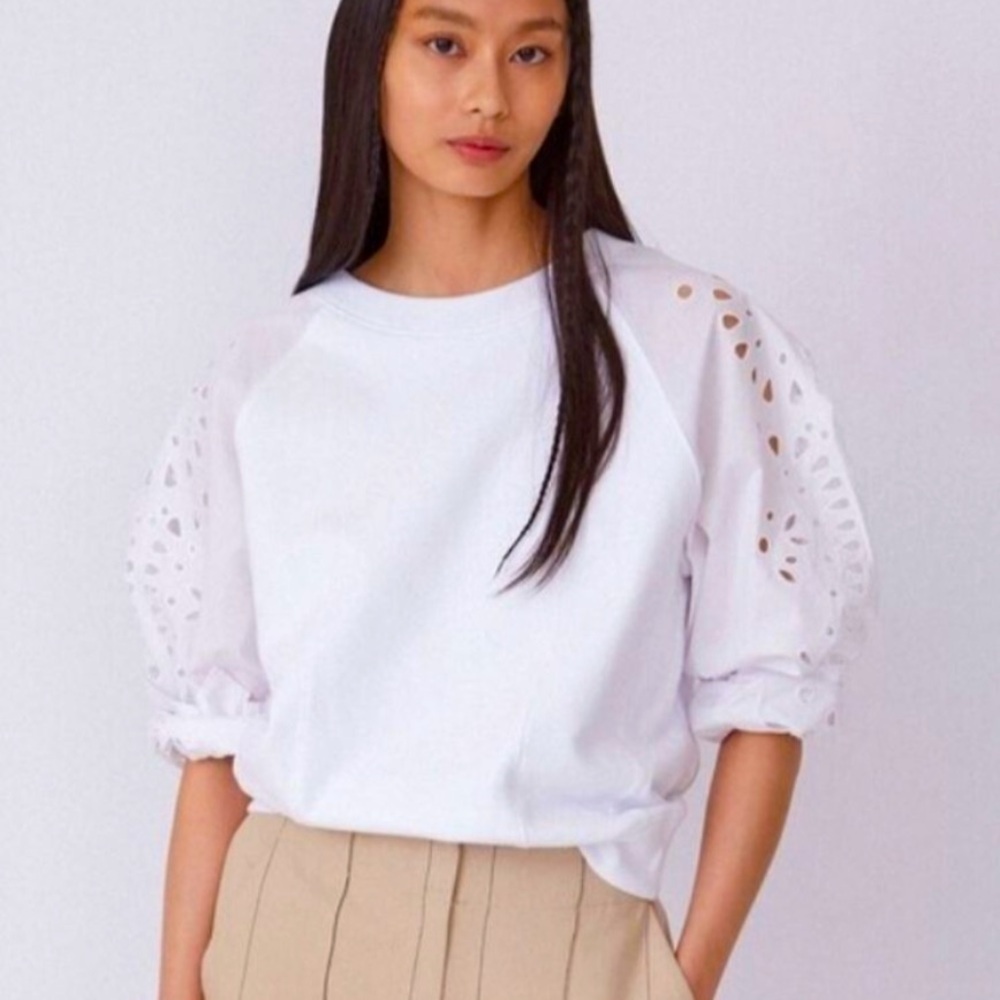 nwt THAKOON Cotton Crew Eyelet Embroidered Balloon Sleeve Sweatshirt White